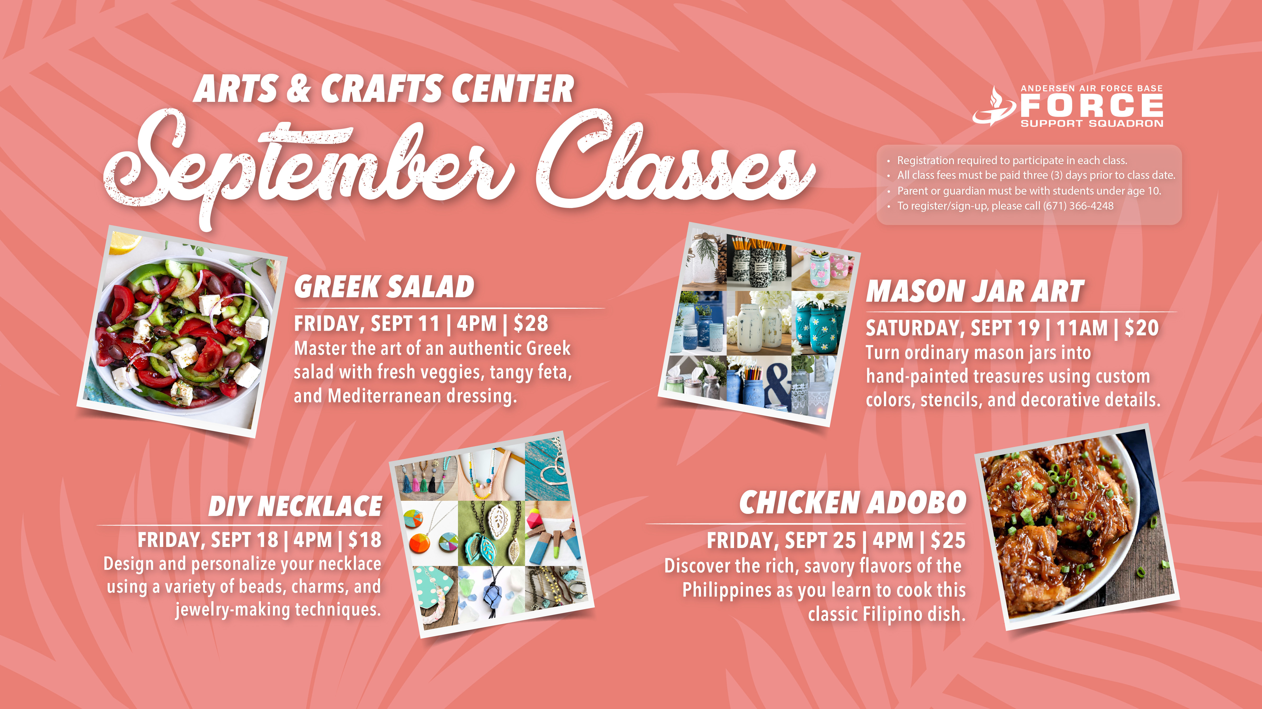 September Arts & Crafts Calendar - call 671-366-4248 to learn more about the classes offered this month.