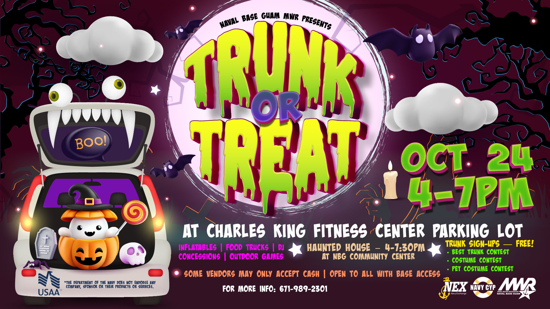 Halloween Trunk or Treat on Oct. 24 features decorated trunks, games, costumes, food and more.