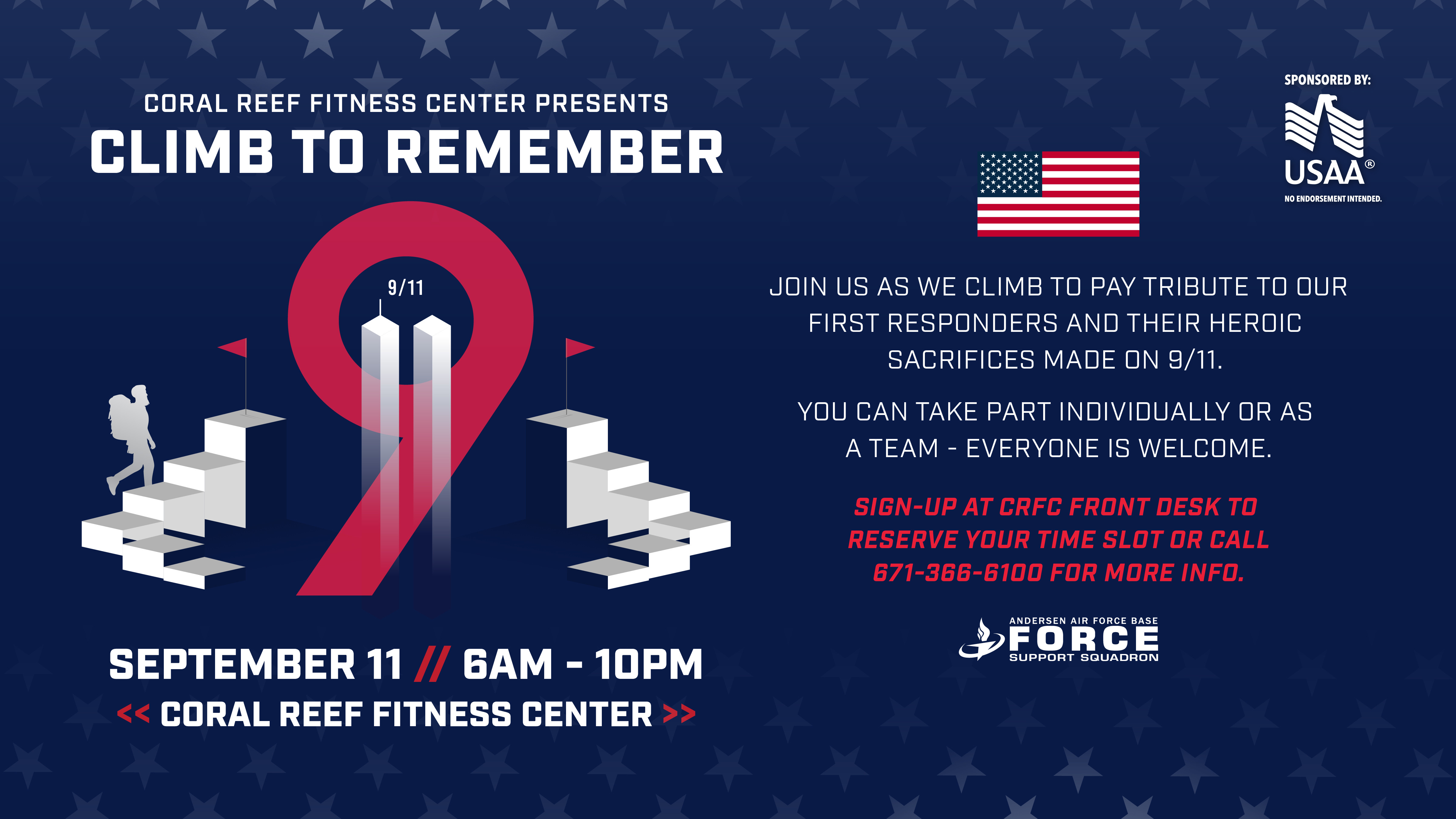 Coral Reef Fitness Center's Climb to Remember on September 11 from 6am to 10pm. Climb the stair masters to honor the first responders who climbed the many floors of the Twin Towers to save lives.