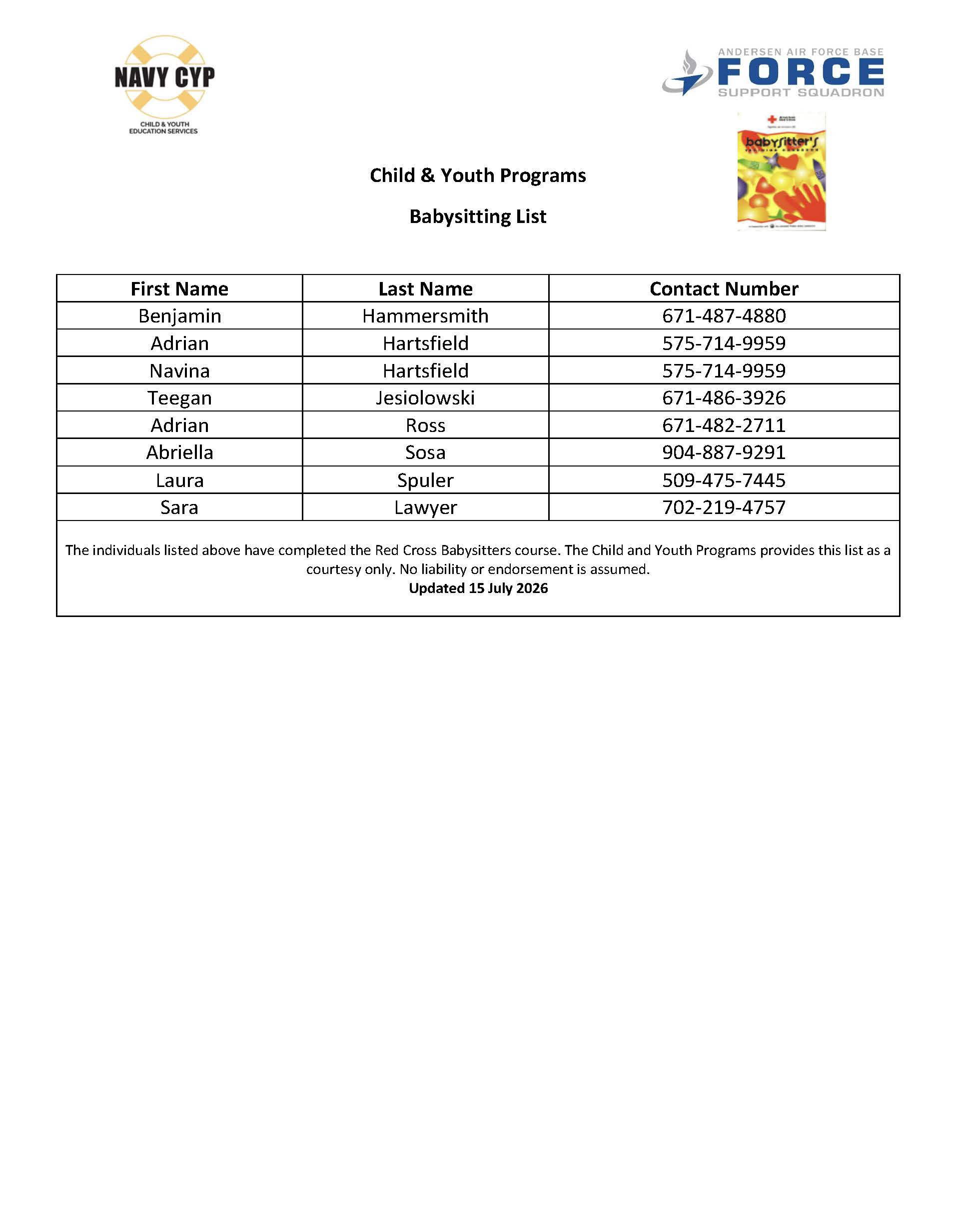 List of certified babysitters on Andersen AFB. For more information, call the CYP at 671-366-3490.